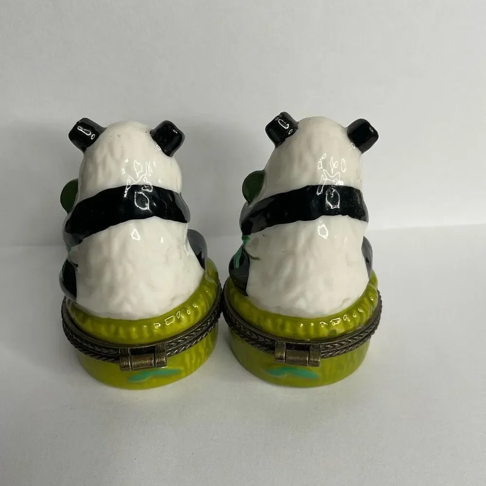 VINTAGE HINGED PORCELAIN TRINKET BOXES 2 PANDAS‎ BEAR EATING BAMBOO LEAVES 2.5”